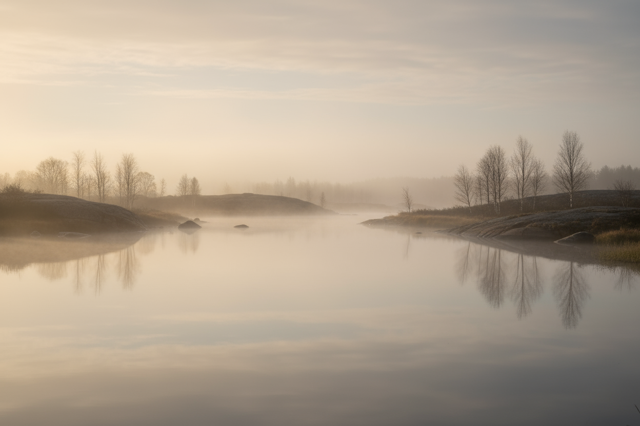 A serene, minimalist background inspired by Nordic nature and handcrafted calm.
A soft, warm-toned scene showing a still body of water or a misty riverside at dawn, with muted beige, taupe, and cream tones that blend naturally.
The atmosphere should feel peaceful and timeless — no people, no text, no bright sunlight, just a quiet, balanced composition with soft lighting and subtle depth.
The style should match a luxury handmade soap brand — clean, natural, premium, and inviting.
Leave space in the middle fo