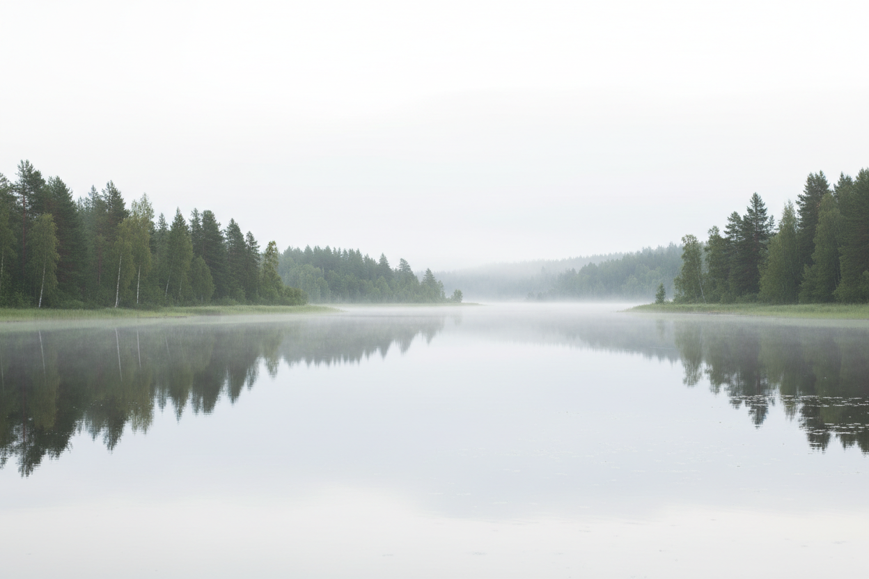 Create a calm, minimalist Nordic riverside landscape in soft, muted tones. Focus on peaceful water, gentle forest shapes and Scandinavian stillness. Use subtle deep green accents inspired by color #213924, but keep the overall palette airy, light and soothing. Add delicate hints of blue reflections in the water and soft diffused lighting. No harsh contrast, no busy details. The scene should feel elegant, natural and luxurious, fitting a premium artisanal brand aesthetic.